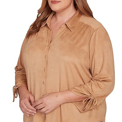 Plus Size Alfred Dunner Button Front Faux Suede Top with Long Sleeves
