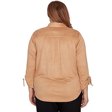 Plus Size Alfred Dunner Button Front Faux Suede Top with Long Sleeves