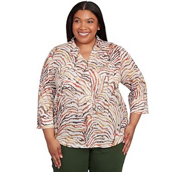 Plus Size Alfred Dunner Animal Burnout Button Front Top