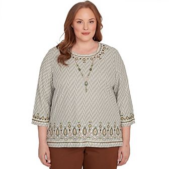 Plus Size Alfred Dunner Textured Medallion Bordered Top with Necklace