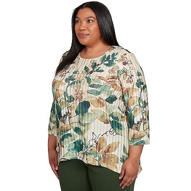 Plus Size Alfred Dunner Abstract Leaf Sharkbite Hem Top with Necklace