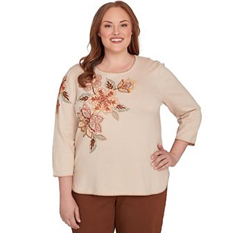 Plus Size Alfred Dunner Asymmetrical Embroidered Flower Sweater