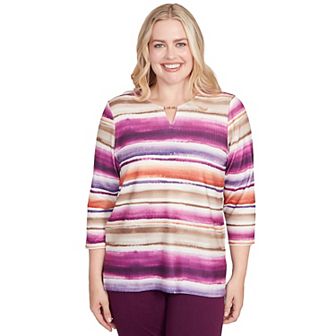Women's Alfred Dunner Watercolor Biadere Beaded Split Neck Top