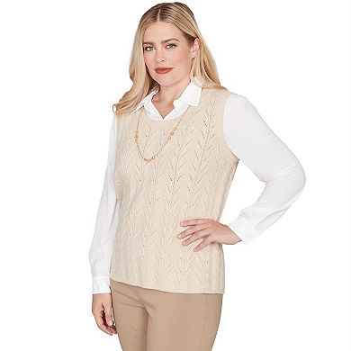 Women's Alfred Dunner Pointelle Texture Two-in-One Sweater with Necklace