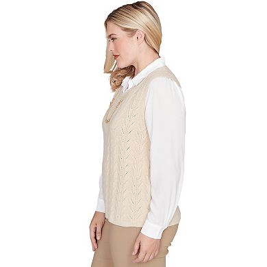 Women's Alfred Dunner Pointelle Texture Two-in-One Sweater with Necklace