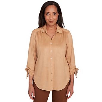Women's Alfred Dunner Button Front Faux Suede Top with Roll-Up Sleeves