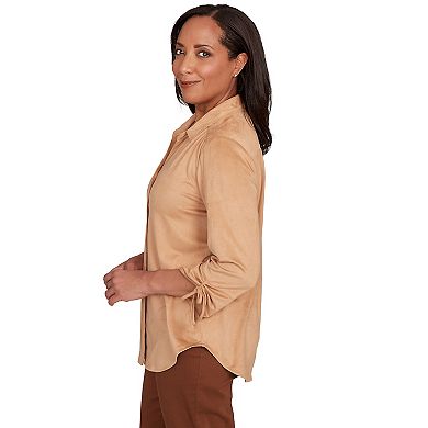 Women's Alfred Dunner Button Front Faux Suede Top with Roll-Up Sleeves