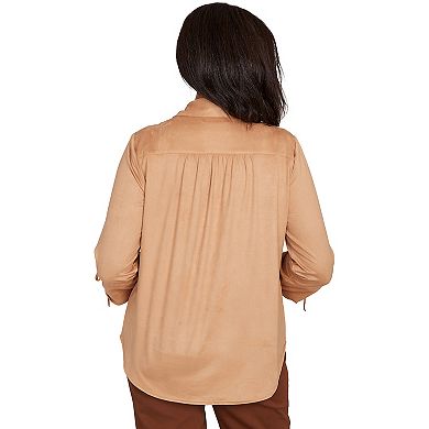 Women's Alfred Dunner Button Front Faux Suede Top with Roll-Up Sleeves