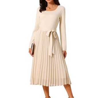 Women's Fall Long Sleeve Dress Casual Crewneck Pleated A Line Flowy Midi Party Dresses with Belt