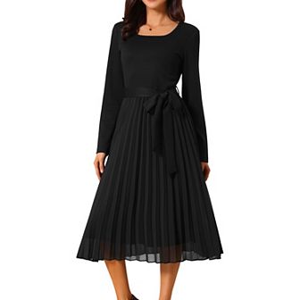 Women's Fall Long Sleeve Dress Casual Crewneck Pleated A Line Flowy Midi Party Dresses with Belt