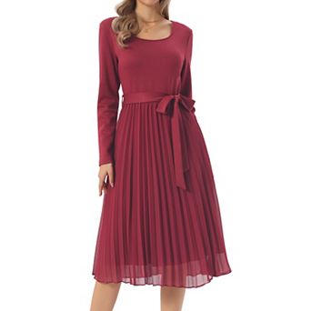 Women's Fall Long Sleeve Dress Casual Crewneck Pleated A Line Flowy Midi Party Dresses with Belt