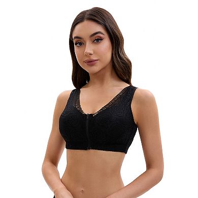 Women's Lace Zip Front Closure Full Coverage Wirefree Wide Straps V Back Padded Bras