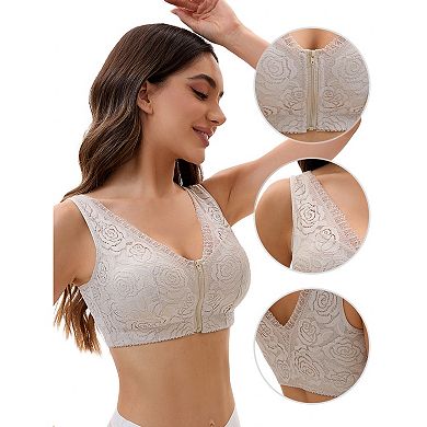 Women's Lace Zip Front Closure Full Coverage Wirefree Wide Straps V Back Padded Bras