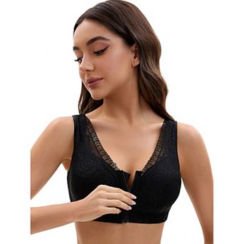 Women's Lace Zip Front Closure Full Coverage Wirefree Wide Straps V Back Padded Bras
