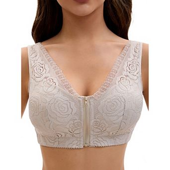 Women's Lace Zip Front Closure Full Coverage Wirefree Wide Straps V Back Padded Bras