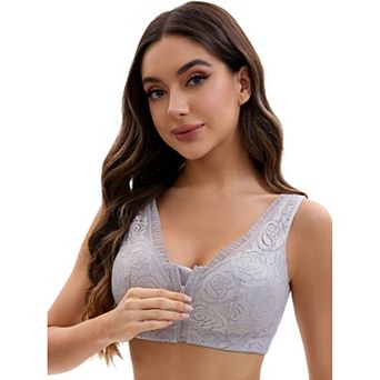 Women's Lace Zip Front Closure Full Coverage Wirefree Wide Straps V Back Padded Bras