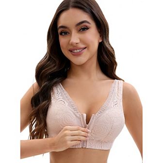 Women's Lace Zip Front Closure Full Coverage Wirefree Wide Straps V Back Padded Bras