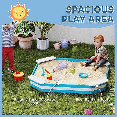 Qaba Kids Sandbox, Wooden Pit w/ 4 Corner Seats, Bottom Liner