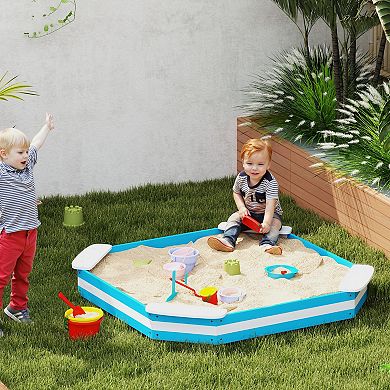 Qaba Kids Sandbox, Wooden Pit w/ 4 Corner Seats, Bottom Liner