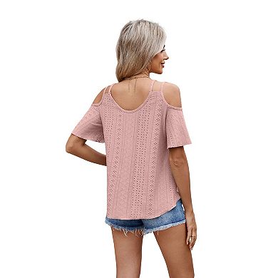 Womens Cold Shoulder Top Basic T Shirts 3/4 Sleeve Casual Blouse Tshirts