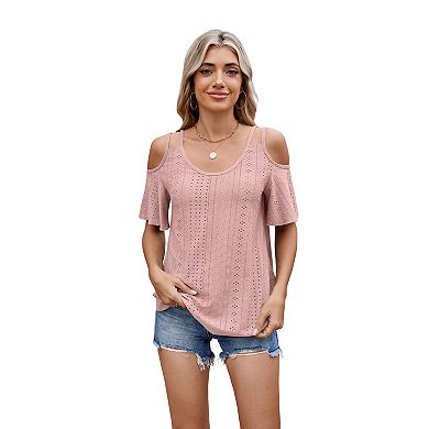 Womens Cold Shoulder Top Basic T Shirts 3/4 Sleeve Casual Blouse Tshirts