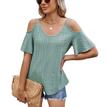 Womens Cold Shoulder Top Basic T Shirts 3/4 Sleeve Casual Blouse Tshirts
