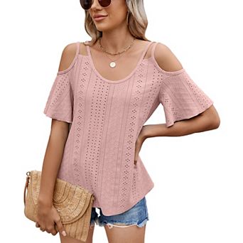 Womens Cold Shoulder Top Basic T Shirts 3/4 Sleeve Casual Blouse Tshirts