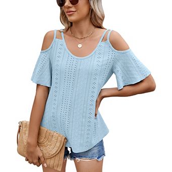 Womens Cold Shoulder Top Basic T Shirts 3/4 Sleeve Casual Blouse Tshirts