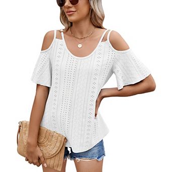 Womens Cold Shoulder Top Basic T Shirts 3/4 Sleeve Casual Blouse Tshirts