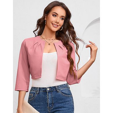 Womens Casual Business Cropped Blazer Jacket 3/4 Sleeve Collarless Open Front Cardigan Work Shrug