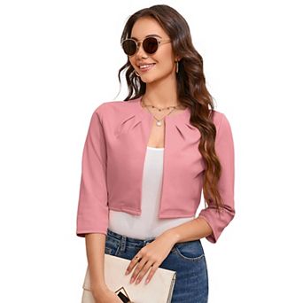 Womens Casual Business Cropped Blazer Jacket 3/4 Sleeve Collarless Open Front Cardigan Work Shrug