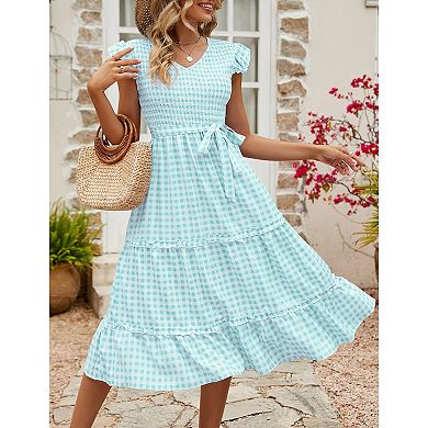 Women's Casual Dress V Neck Smocked Maxi Dress Short Sleeve Summer Dress
