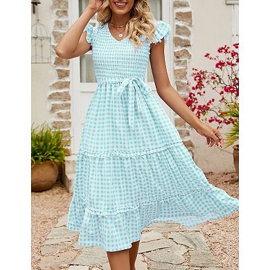 Women's Casual Dress V Neck Smocked Maxi Dress Short Sleeve Summer Dress