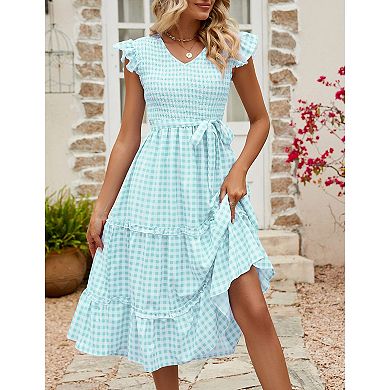 Women's Casual Dress V Neck Smocked Maxi Dress Short Sleeve Summer Dress