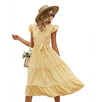 Women's Casual Dress V Neck Smocked Maxi Dress Short Sleeve Summer Dress