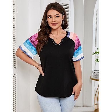 Women's Plus Size Shirt Notched Neck Color Block Blouse Short Sleeve Tunic Top