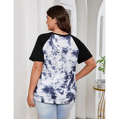 Women's Plus Size Shirt Notched Neck Color Block Blouse Short Sleeve Tunic Top