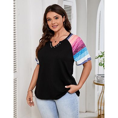 Women's Plus Size Shirt Notched Neck Color Block Blouse Short Sleeve Tunic Top
