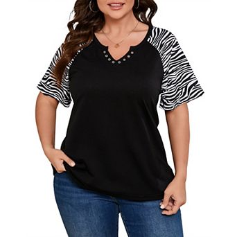 Women's Plus Size Shirt Notched Neck Color Block Blouse Short Sleeve Tunic Top