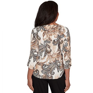 Women's Alfred Dunner Textured Paisley Ruched Sleeves Top
