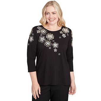 Women's Alfred Dunner Gold Floral Embroidered Three Quarter Sleeve Top