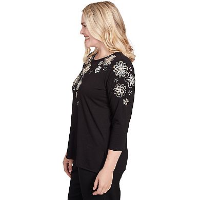 Women's Alfred Dunner Gold Floral Embroidered Three Quarter Sleeve Top