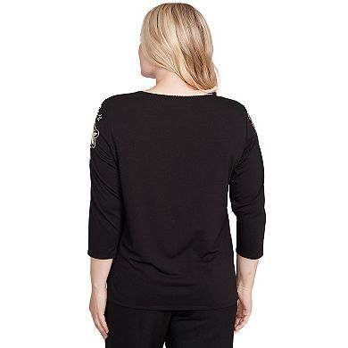 Women's Alfred Dunner Gold Floral Embroidered Three Quarter Sleeve Top