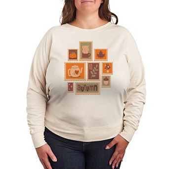 Plus Size Fall Stamps Collage French Terry Long Sleeve Tee