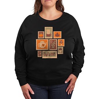 Plus Size Fall Stamps Collage French Terry Long Sleeve Tee