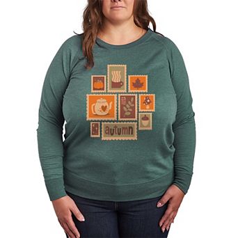 Plus Size Fall Stamps Collage French Terry Long Sleeve Tee