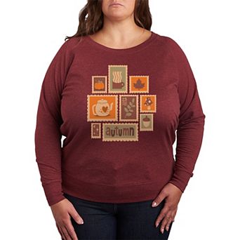 Plus Size Fall Stamps Collage French Terry Long Sleeve Tee