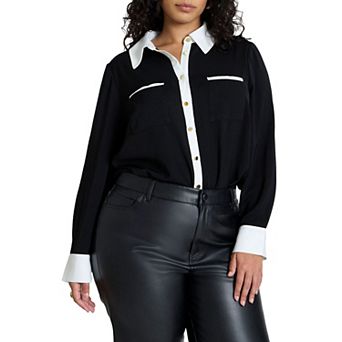 ELOQUII Women's Plus Size Combo Collared Long Sleeve Shirt