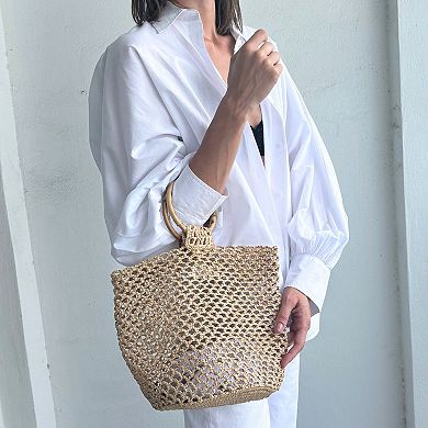 Adornia Natural Crochet Bucket Bag With Bamboo Handle