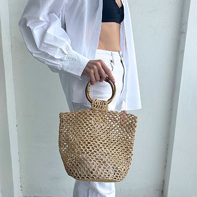 Adornia Natural Crochet Bucket Bag With Bamboo Handle